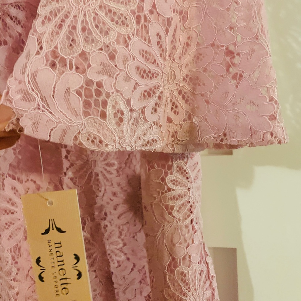 lilac lace shift dress with ruffle sleeves